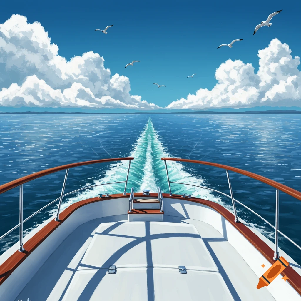 View from the back of a boat on the open sea, leaving a wake. Seagulls fly overhead under a blue sky with clouds.
