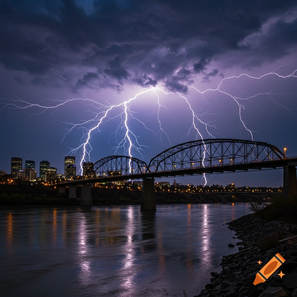 Multiple lightning bolts strike over a city bridge crossing a river during a dramatic thunderstorm at night.