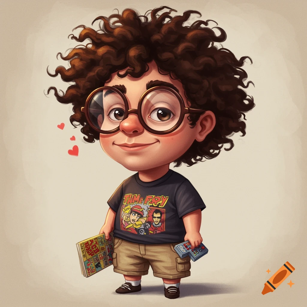 Cartoon caricature of a boy with curly hair and big glasses holding a comic book and controller.