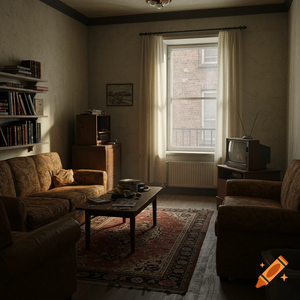 A detailed, realistic image of a cluttered retro living room from the 1980s with a sofa, armchair, coffee table, bookshelf, and old television.