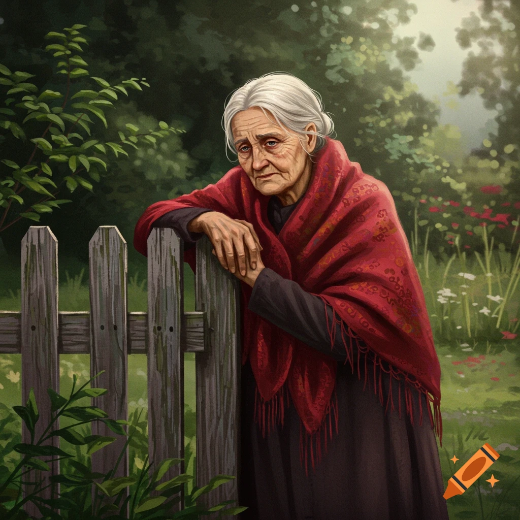 A sad elderly woman in a red shawl leans on a wooden fence in a garden.