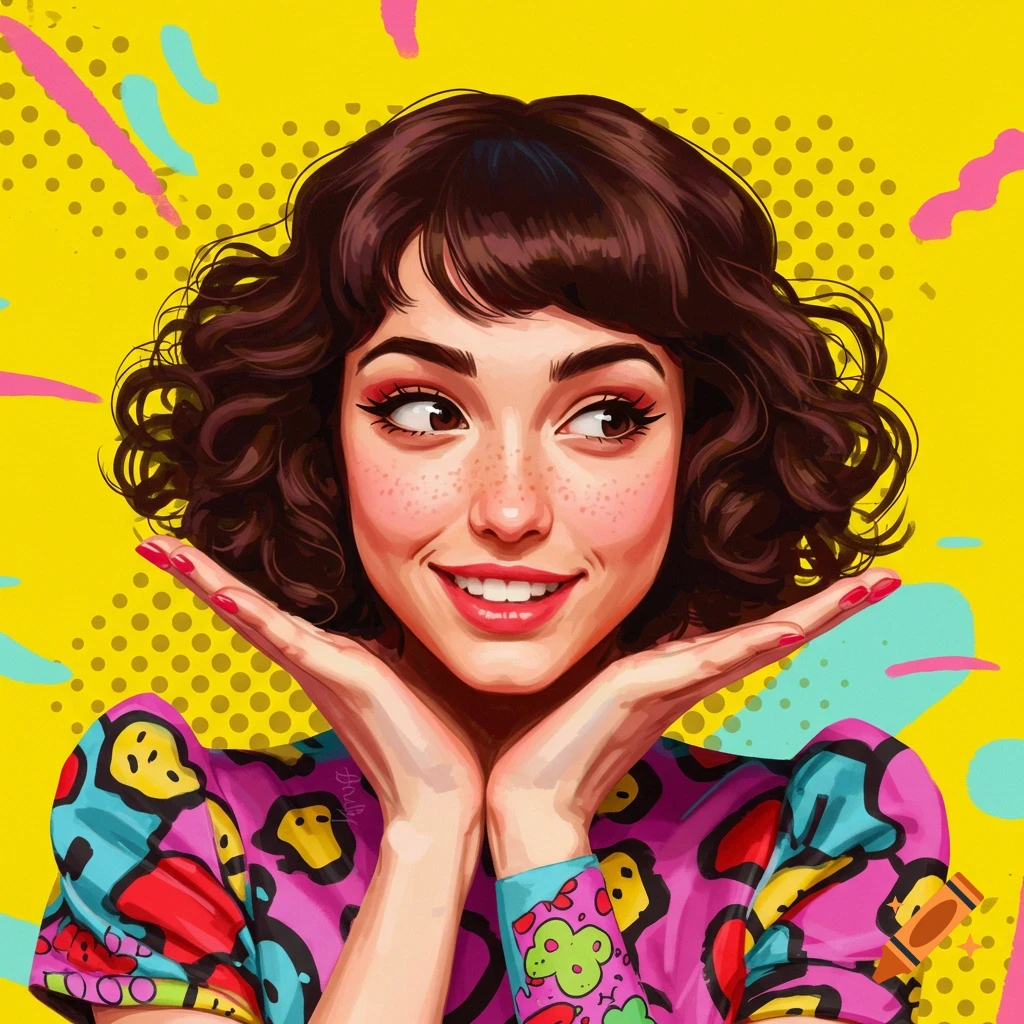 Illustration of a young woman with curly hair framing her face with her hands, smiling against a colorful background