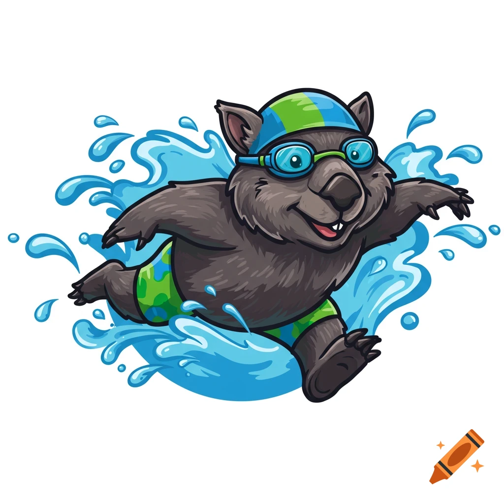 A cartoon wombat swims with swim cap and goggles, splashing water.