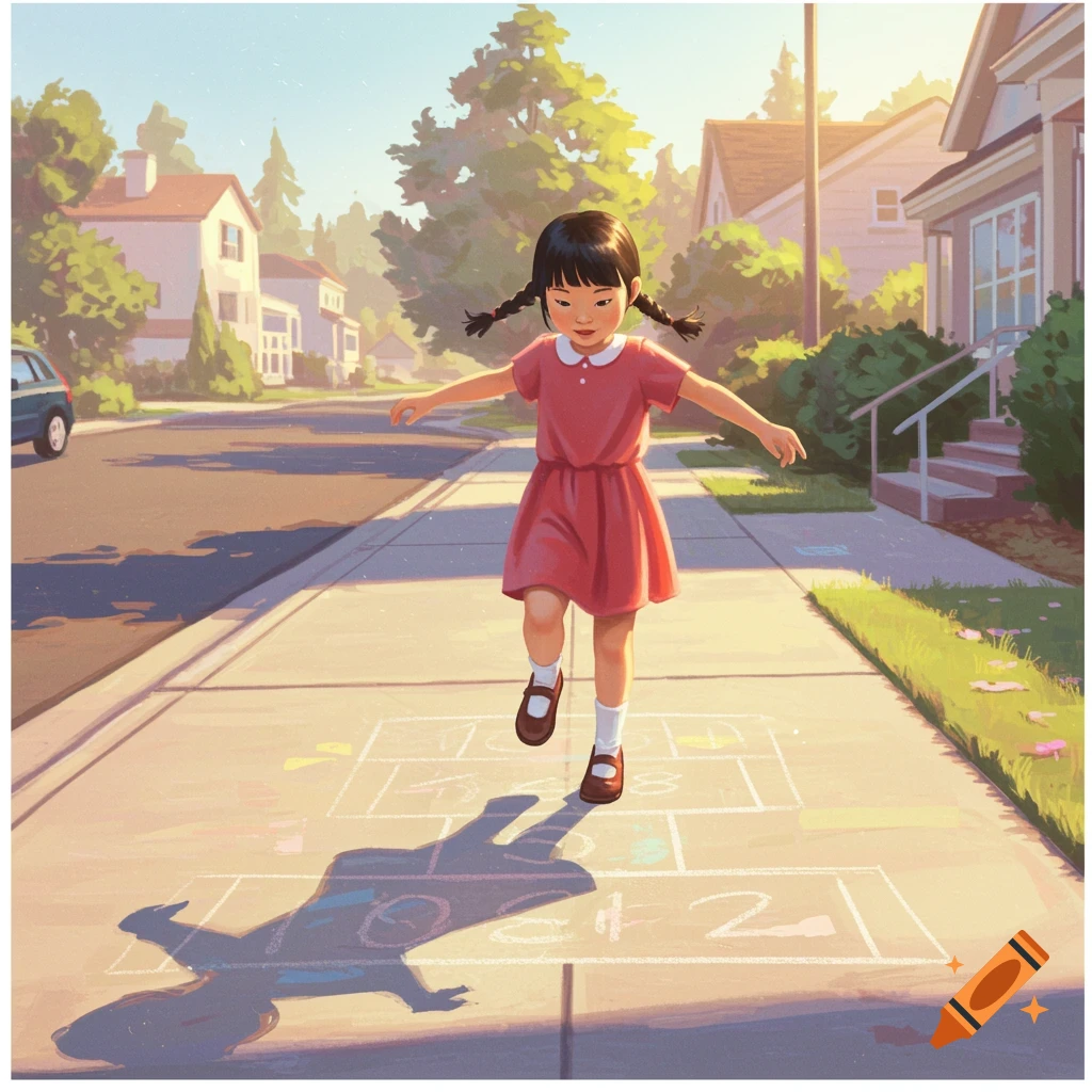 An illustration of an Asian girl playing hopscotch on a sunny suburban street.