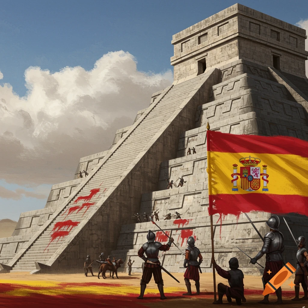 Spanish conquistadors paint a Spanish flag onto an Aztec pyramid.