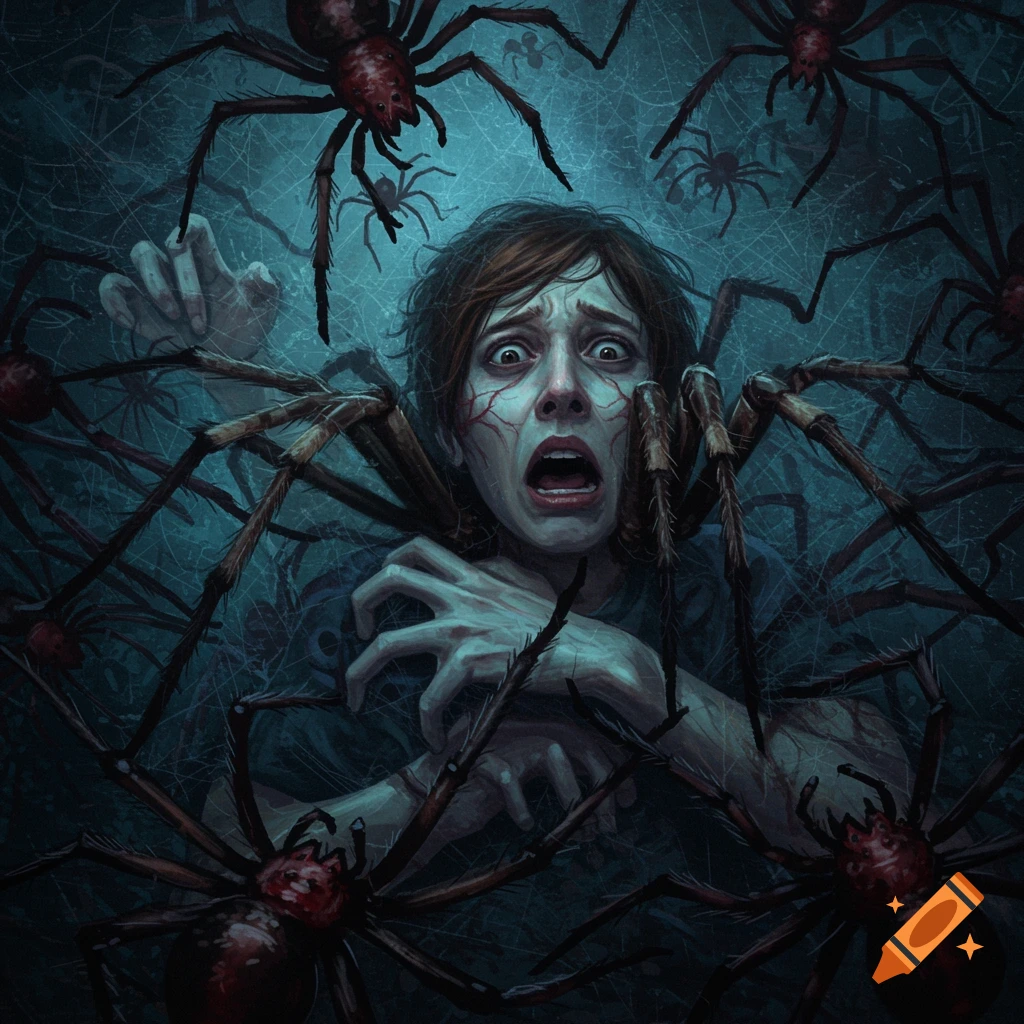 Illustration of a terrified person surrounded by spiders and webs.