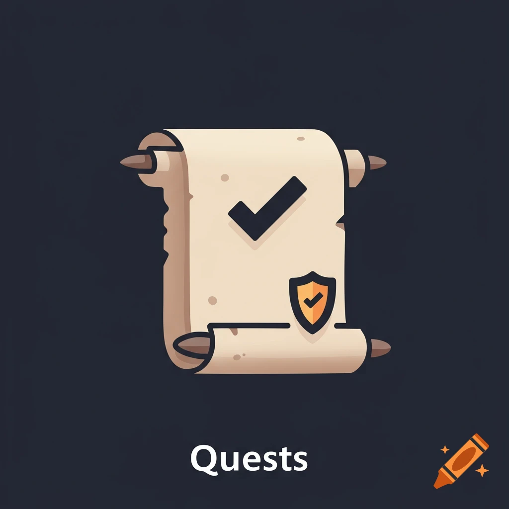 Simplistic icon of a scroll with a checkmark and shield above the word Quests.