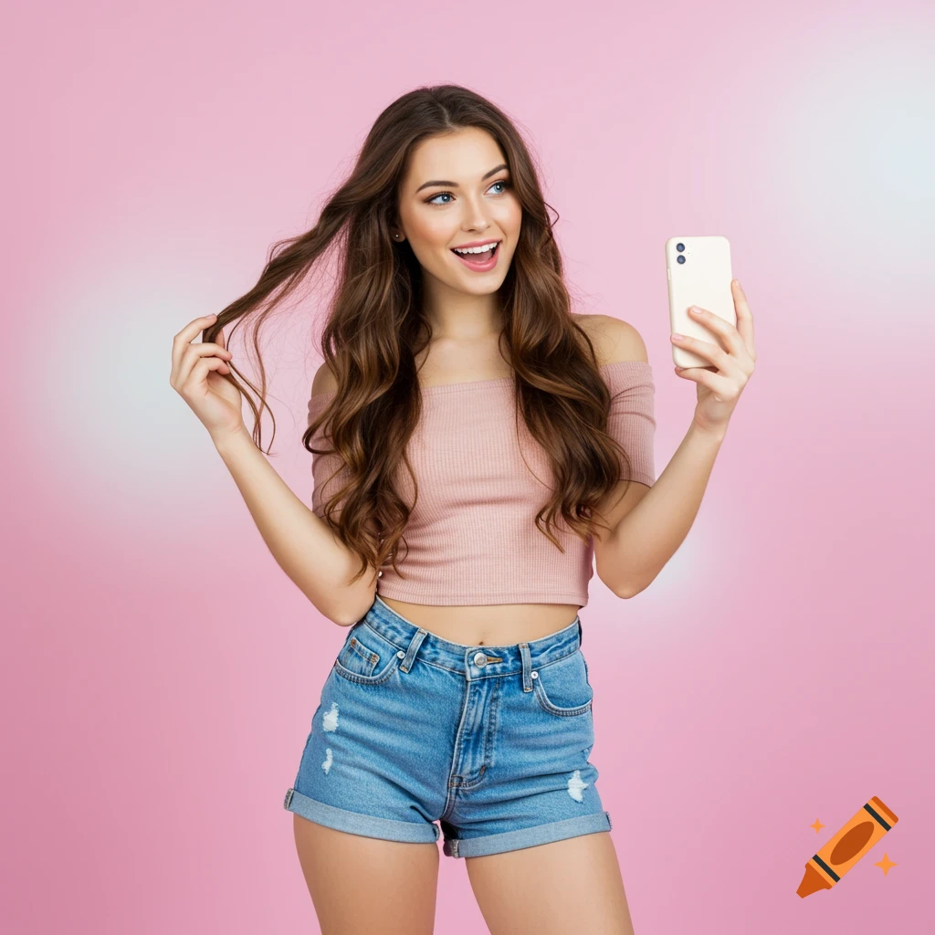 Young woman in a pink crop top and denim shorts poses with a phone against a pink background, smiling and touching her hair.