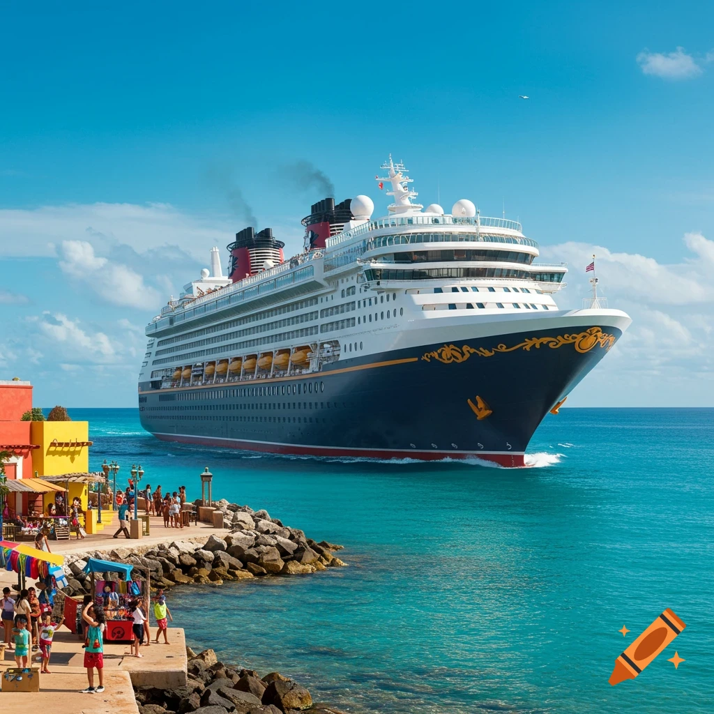 A large Disney cruise ship approaches a colorful port with people on the dock in blue tropical water under a sunny sky.