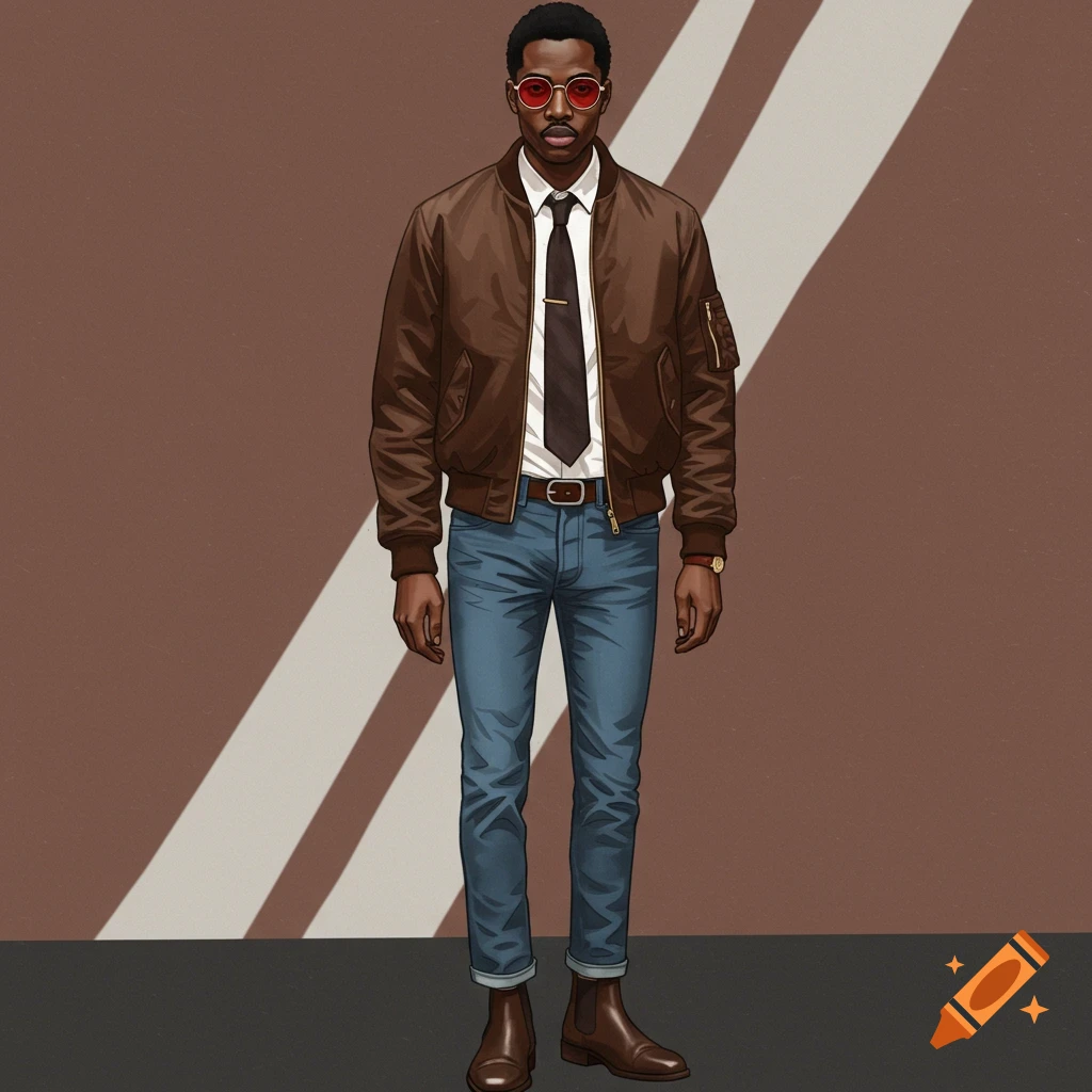 Full-body illustration of a man in a brown bomber jacket, jeans, boots, and red glasses.