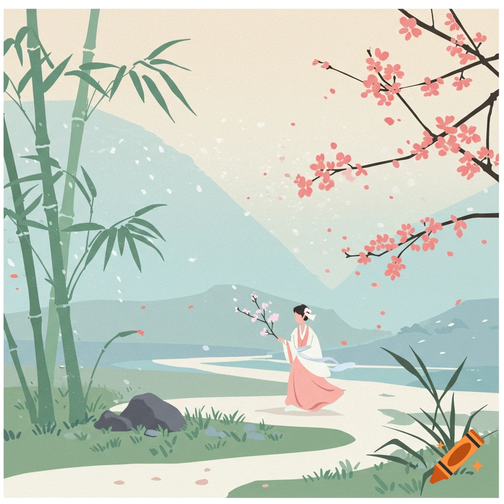Stylized Chinese landscape illustration with a person walking on a path among bamboo and cherry blossoms.