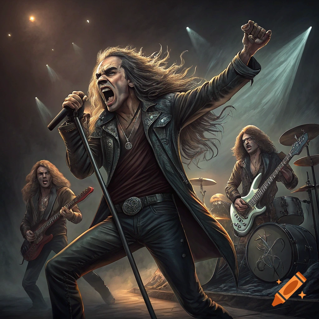 Heavy metal rock band performing on stage with spotlights.