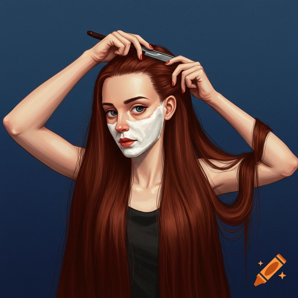 An illustration of a woman with long red hair applying a face mask and holding a razor.