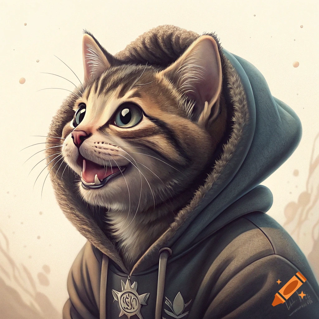 Close-up illustration of a cute tabby cat wearing a grey hoodie, looking up and smiling.