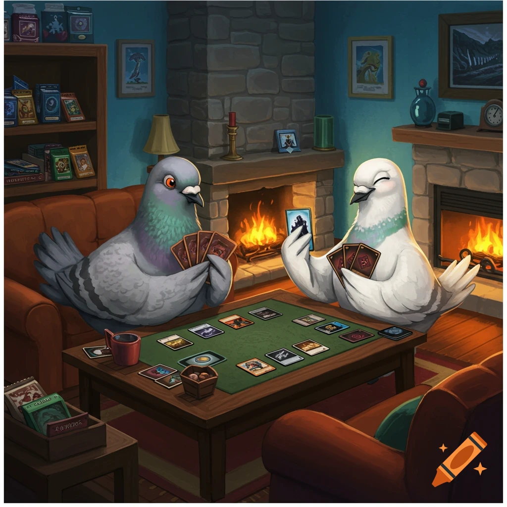 Two cartoon pigeons play a card game similar to Magic: The Gathering in a cozy living room with a fireplace.