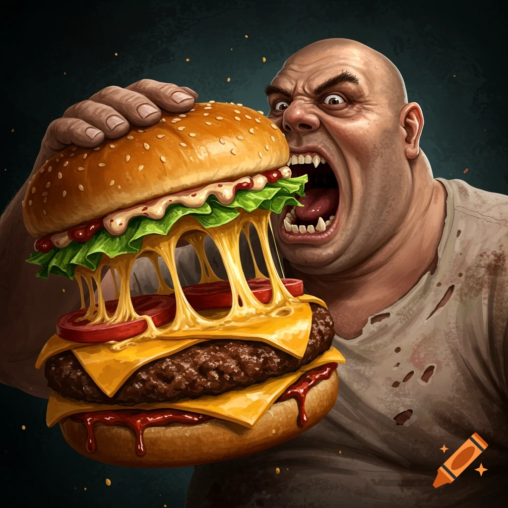 Stylized illustration of a bald man with exaggerated features about to eat a large cheeseburger dripping with cheese.