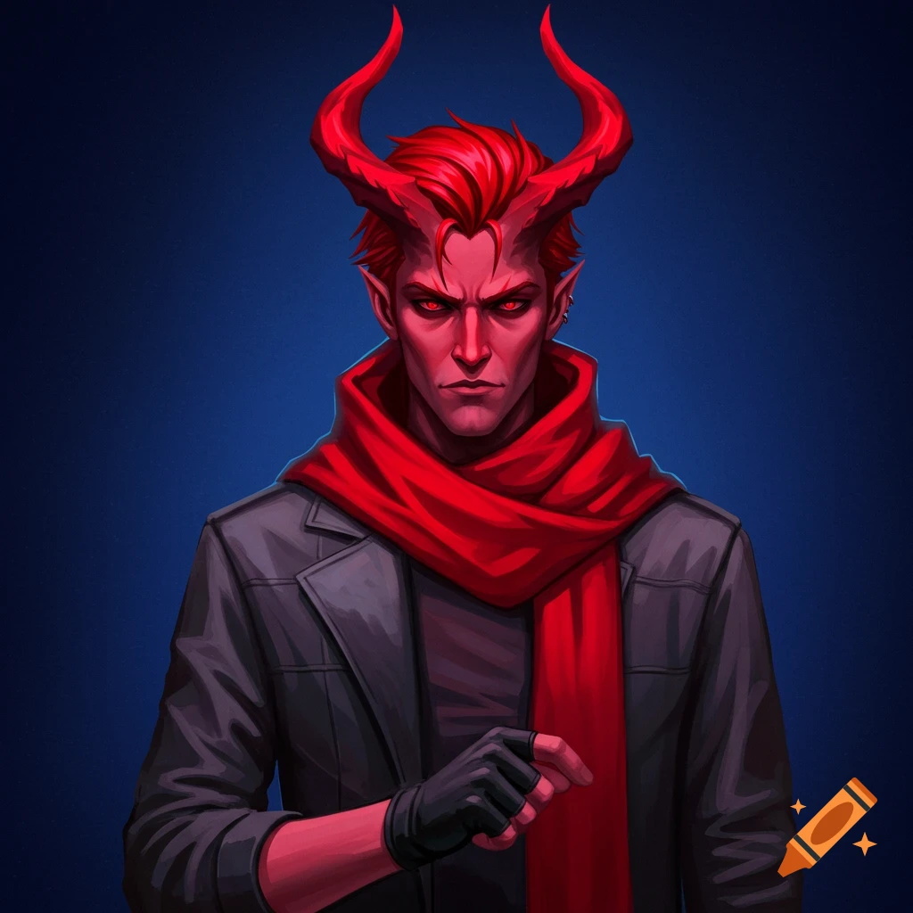 A demonic-looking character with red skin, horns, and eyes, wearing a grey jacket and red scarf.