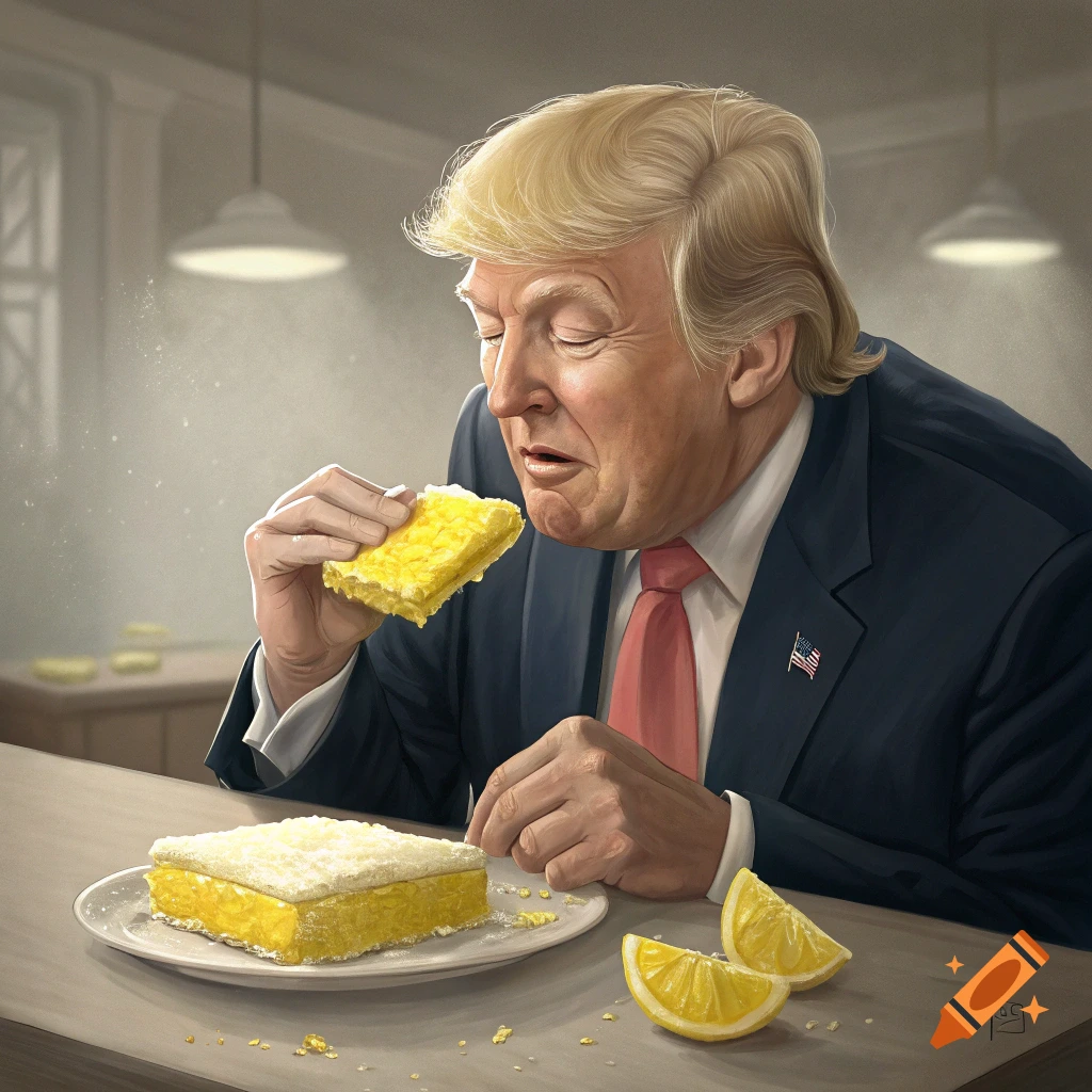 Realistic illustration of Donald Trump smelling a piece of lemon bar