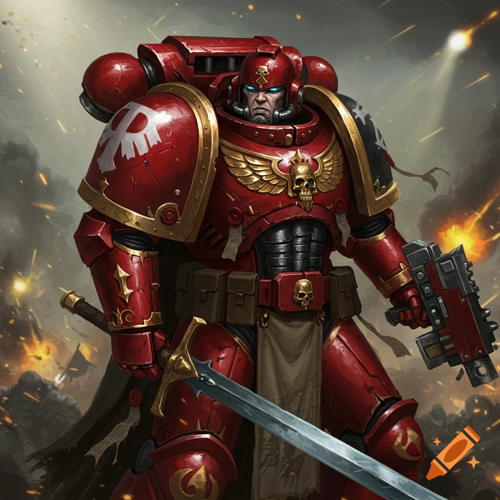 A Space Marine in red armor with a sword and gun stands on a battlefield.