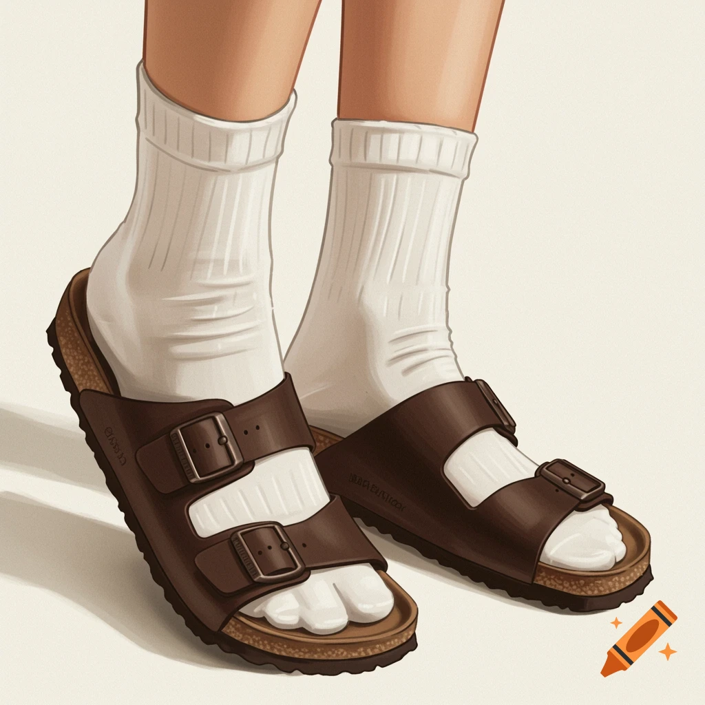 Illustration of feet wearing white socks and brown sandals