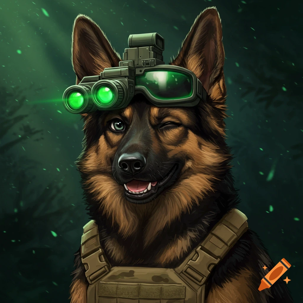 Illustrated German Shepherd dog wearing night vision goggles and a tactical vest, winking.