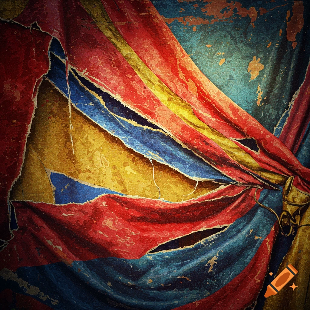 Torn red, blue, and yellow fabric with a distressed texture