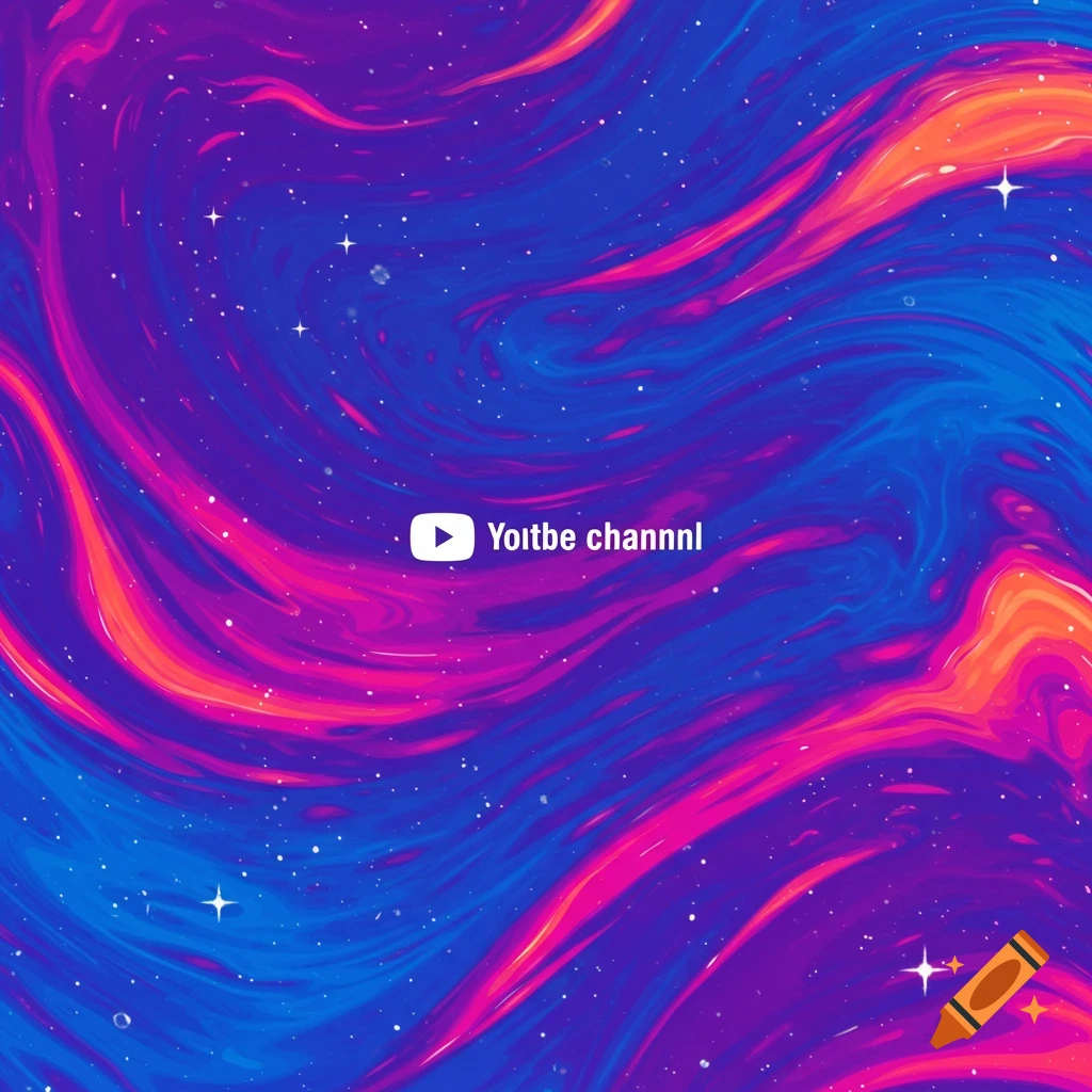 Abstract swirling blue, purple, and orange background with stars and a YouTube icon with text.