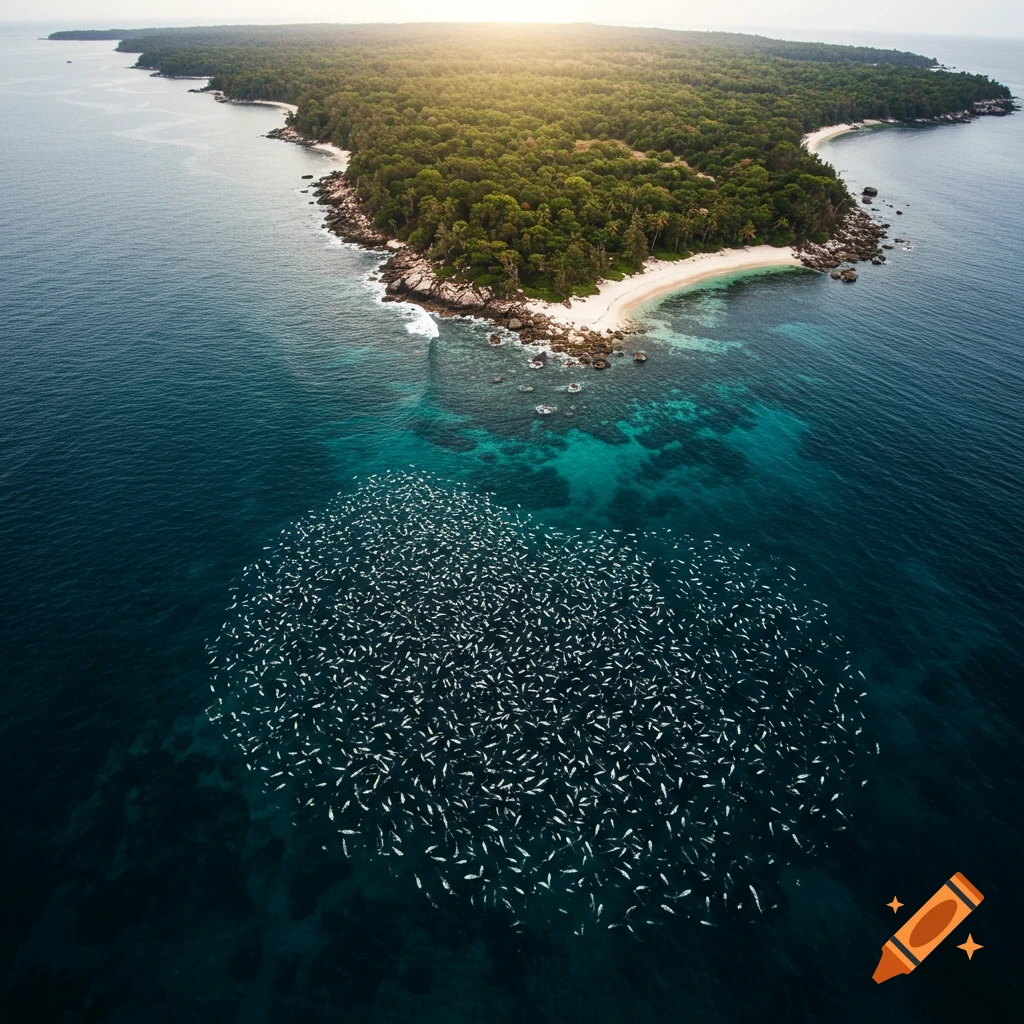 Aerial view of an island coastline next to a large, dense school of fish in the ocean.