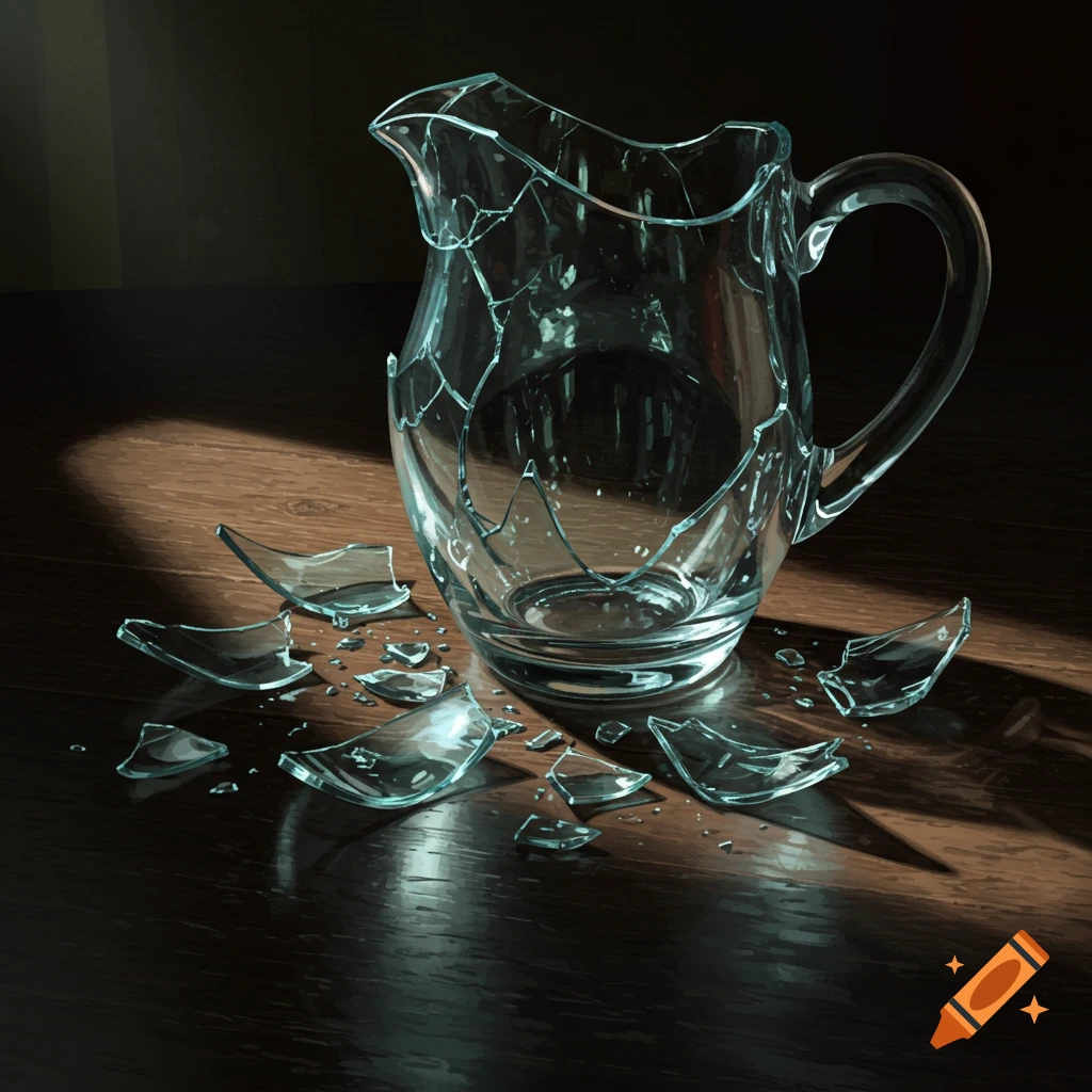 A broken glass pitcher lies on a wooden surface with shards scattered around it in dramatic lighting.