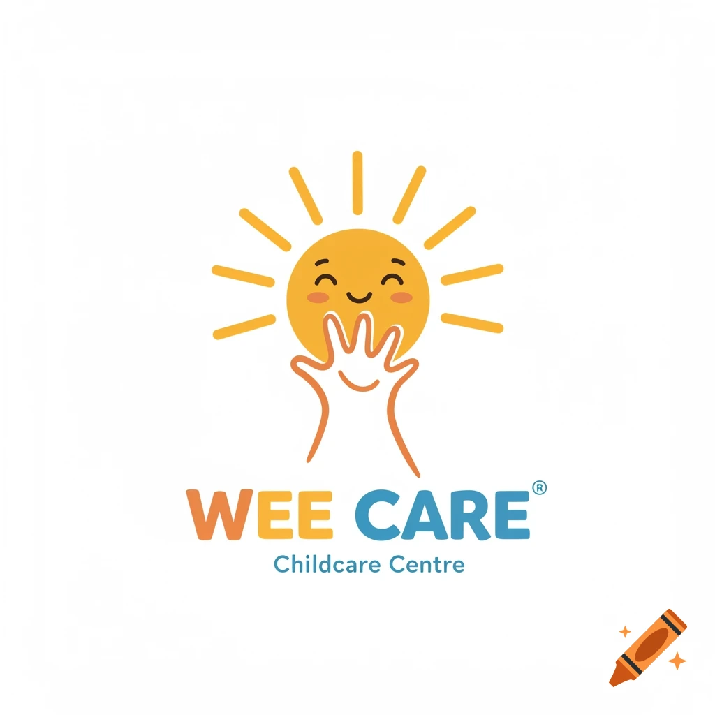 Logo illustration of a happy sun held by two hands above the text 'WEE CARE Childcare Centre'