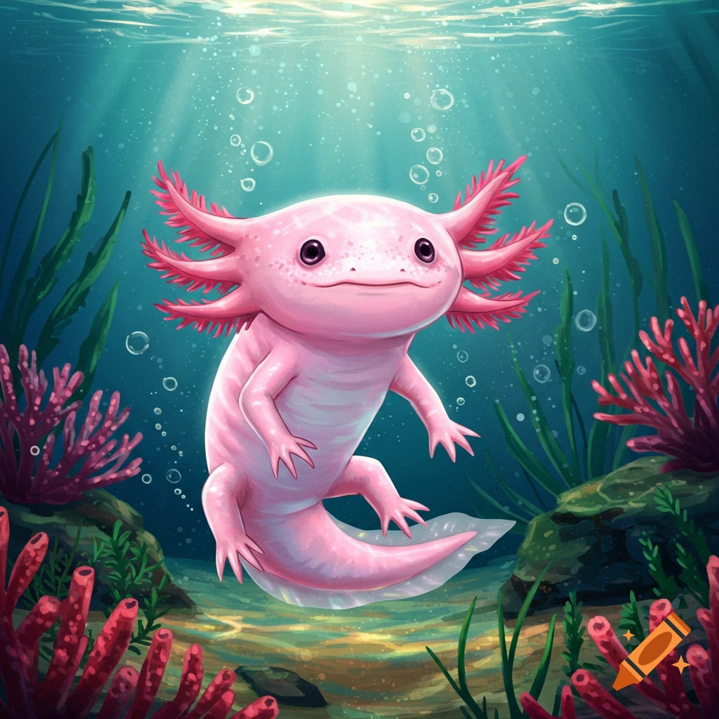 A cute pink axolotl floats underwater among plants and bubbles.