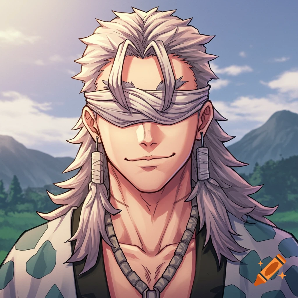 Anime portrait of a blindfolded man with white hair, earrings, and a necklace, smiling outdoors with mountains in the background.