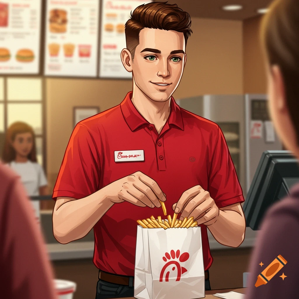 Illustration of a male fast food worker putting fries into a bag.