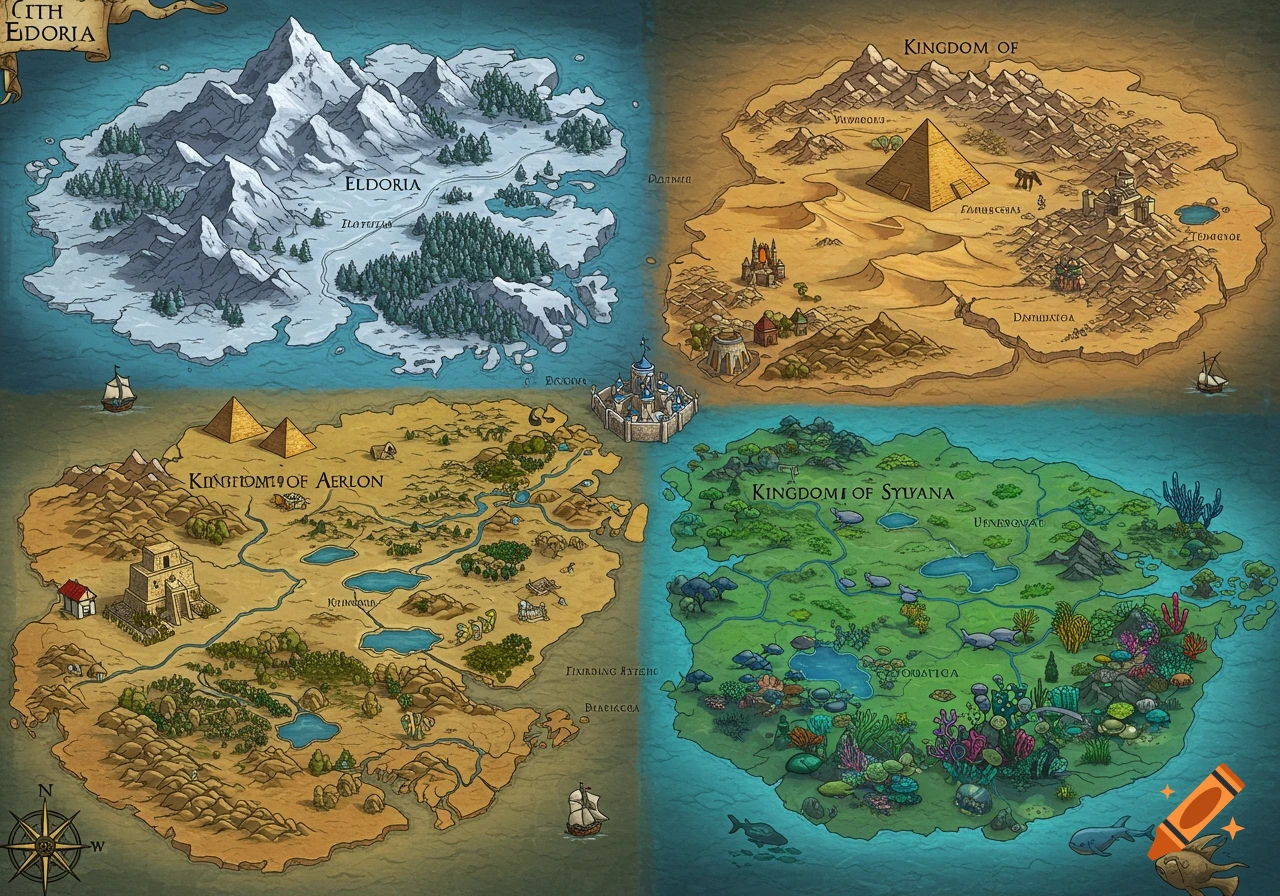 Illustrative fantasy world map showing four kingdoms with diverse terrains including mountains, desert, jungle, and underwater regions.