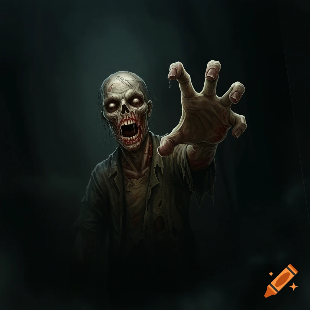 Illustration of a zombie reaching out with a bloody mouth and glowing eyes