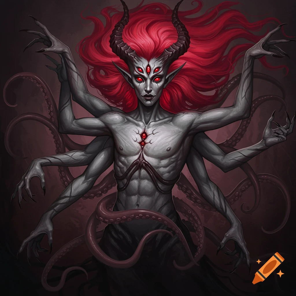 Dark fantasy illustration of a multi-limbed demonic figure with red hair, horns, red eyes, and tentacles.
