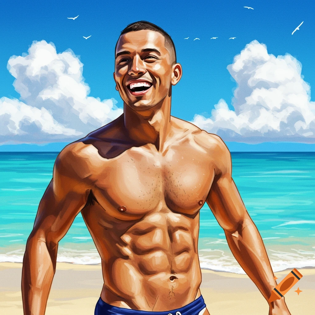 Illustration of a smiling muscular man on a beach