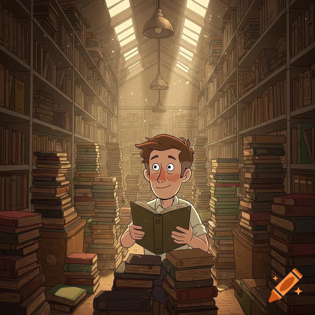 Cartoon man reading in a large library with tall stacks of books.
