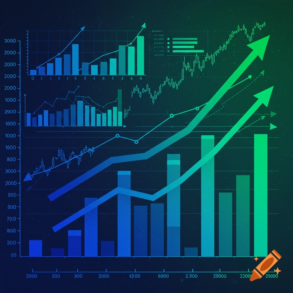 Multiple blue and green financial charts and graphs showing upward trends.