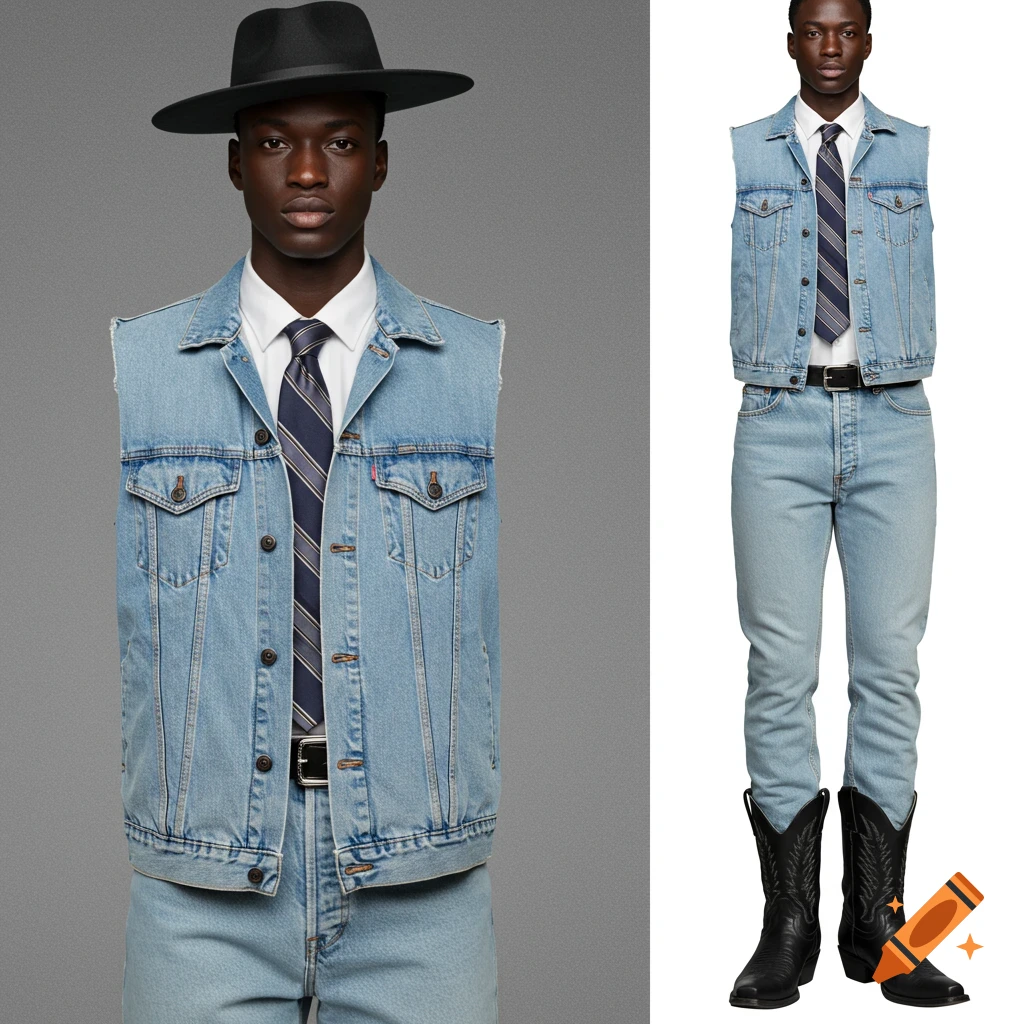A black man in a studio shot, wearing a denim vest, white shirt, tie, light wash jeans, black cowboy hat, and black cowboy boots.