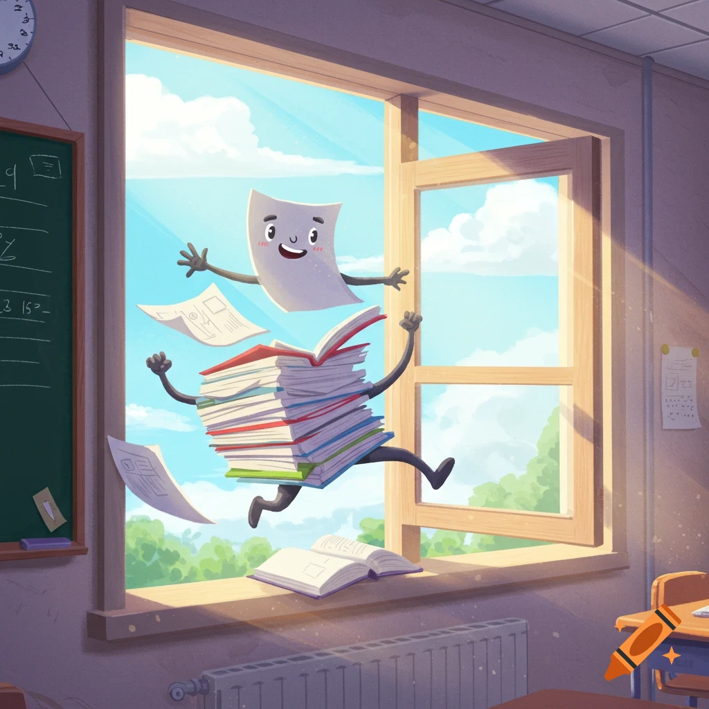 Animated stack of books and a piece of paper with limbs and faces jump out a classroom window on a sunny day.