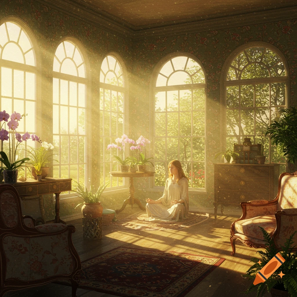 A woman sits meditating on a rug in a sunlit room with large arched windows, plants, and antique furniture.