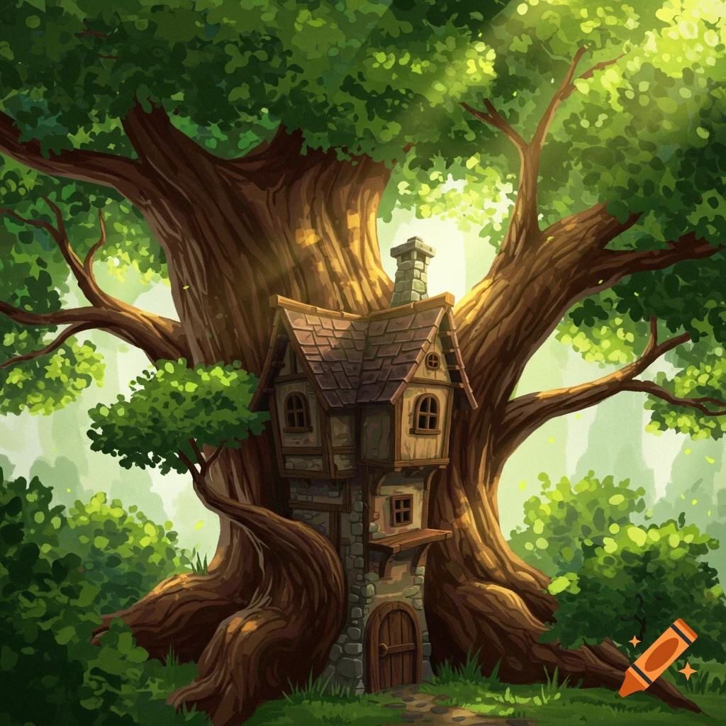 A whimsical multi-story house built into the trunk of a giant, ancient tree in a forest, illustrated style.