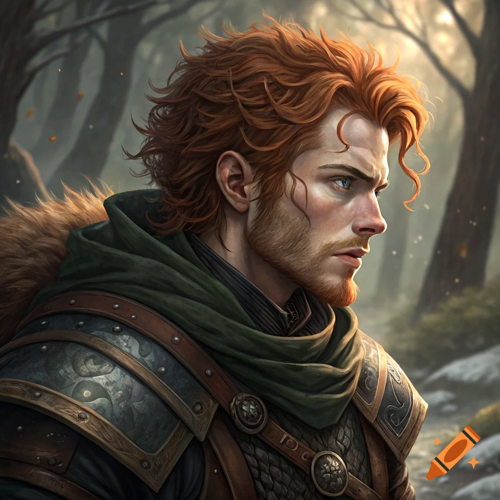 Portrait of a red-haired man with beard in fantasy armor in a forest.