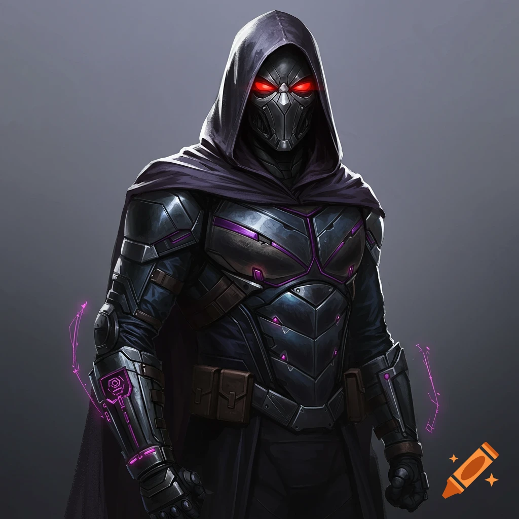 A mysterious figure in dark armored suit, hooded cloak, glowing red eyes, and purple energy accents.