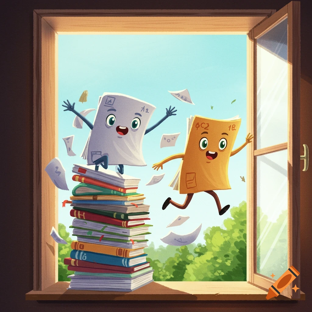Cartoon paper sheets with faces jump out a window over a stack of books.