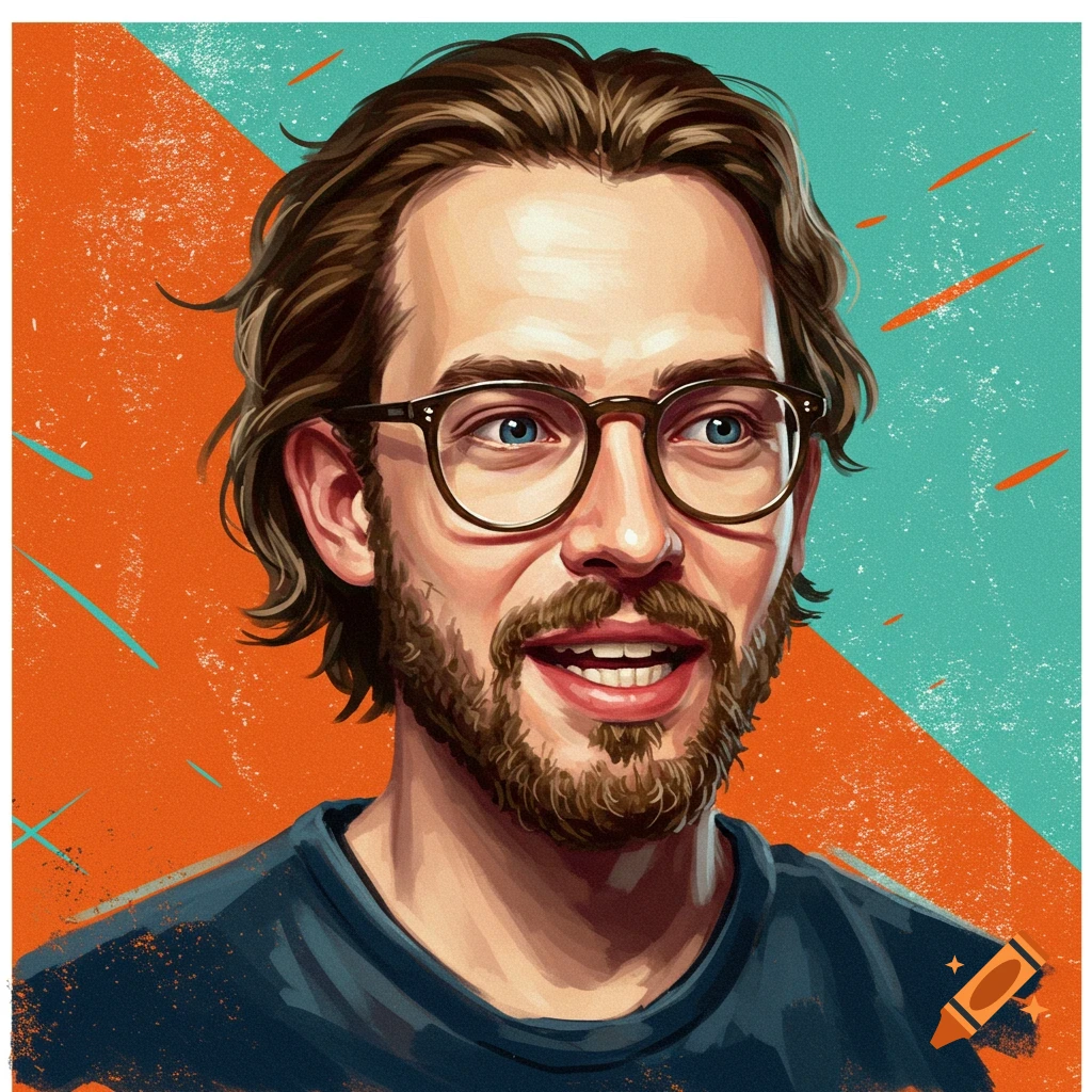 Stylized portrait of a smiling man with glasses and a beard against an orange and teal background.
