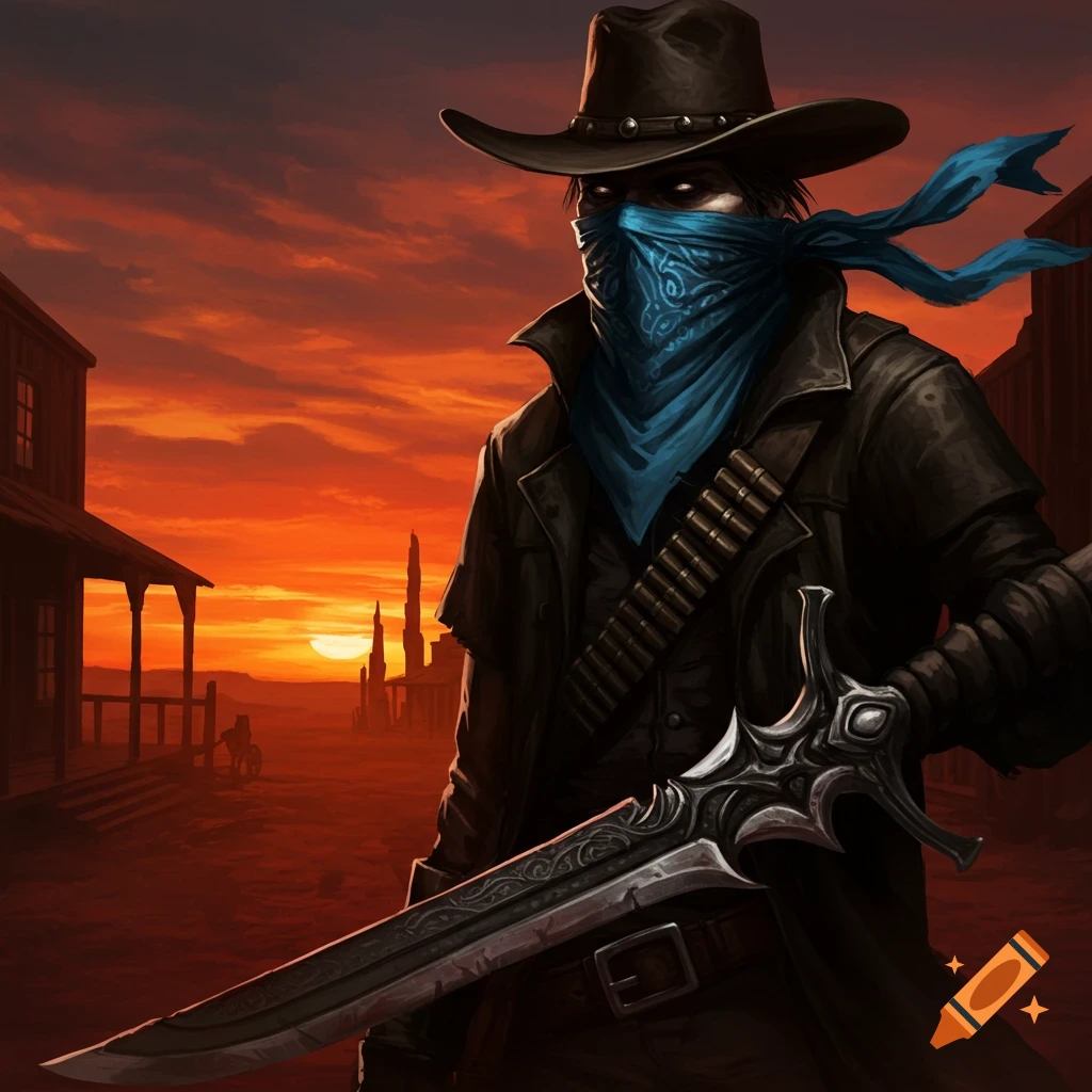 A masked cowboy figure in a duster coat and hat holds an ornate sword in a Western town at sunset.