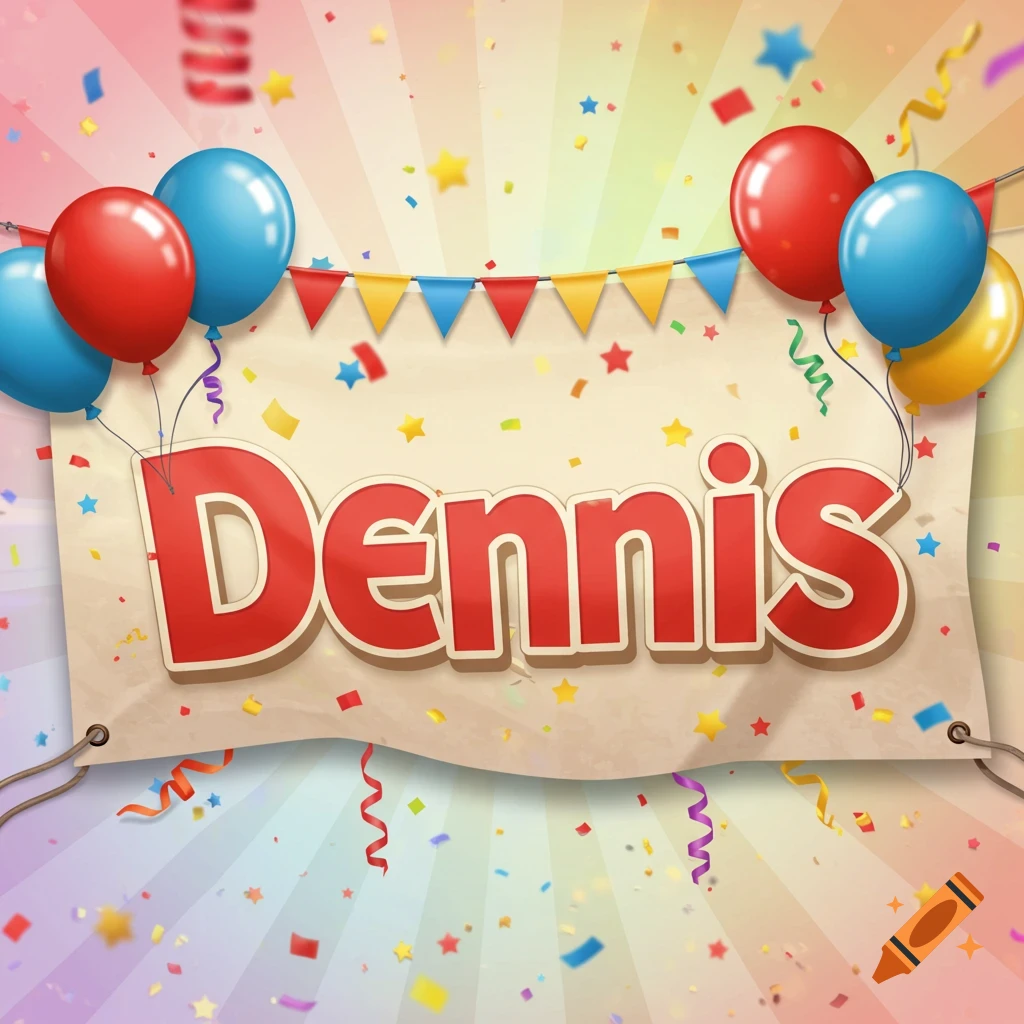 A birthday banner with balloons and confetti displays the name Dennis.