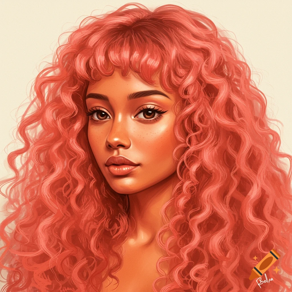 Stylized portrait of a woman with curly red hair and copper skin.